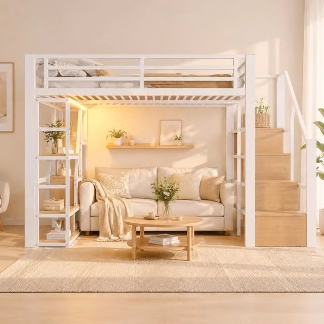 Letto a soppalco ULEVR 140x200 cm con LED multicolore, scaletta con vani e protezioni, bianco