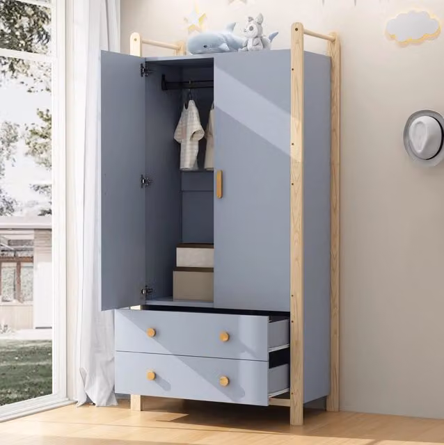 Armadio 90x45x180 cm blu; pannello truciolare con 2 ante e 2 cassetti