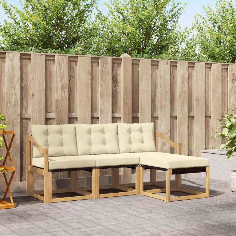 Set di divani da esterno vidaXL a forma di L con pouf, struttura in legno di acacia trattato e sedute in tessuto beige e bianco