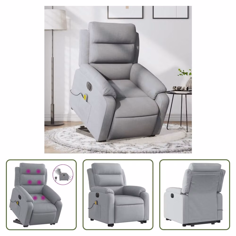 The Living Store Poltrona massaggiante elettrica con ausilio per la posizione eretta Tessuto grigio chiaro