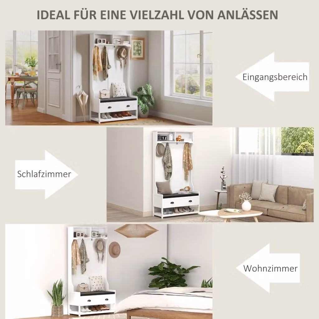 Appendiabiti REDOM con panca e scarpiera, moderno, Bianco, L: 89 cm, P: 42 cm, H: 172 cm – 2
