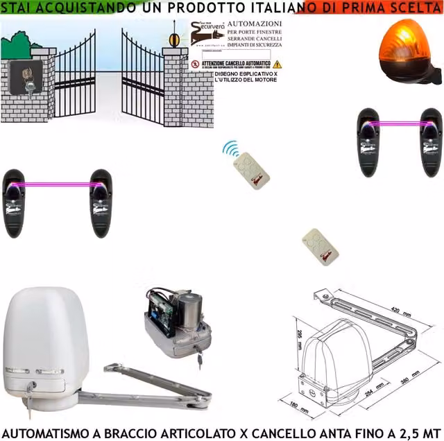 AUTOMAZIONE CANCELLO MOTORE A BRACCIO ARTICOLATO 220/24 V ANTA BATTENTE DA 0,5 A 2,5 MT CENTRALE 2 RADIOCOMANDI FARO SELETTORE 2 FOTOCELLULE