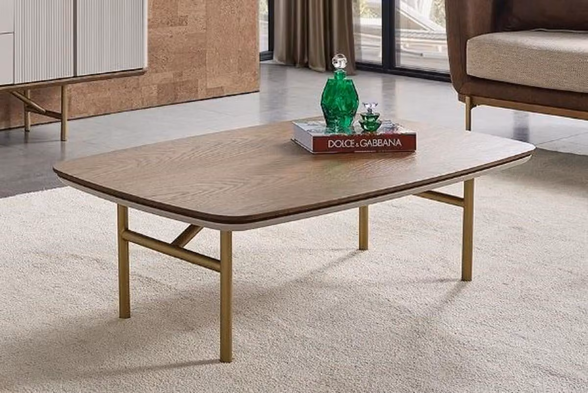 Casa Padrino Tavolino Marrone / Grigio chiaro / Ottone 120 x 68 x H. 35 cm - Tavolino rettangolare in legno massello - Mobili Soggiorno - Mobili - Arredamento