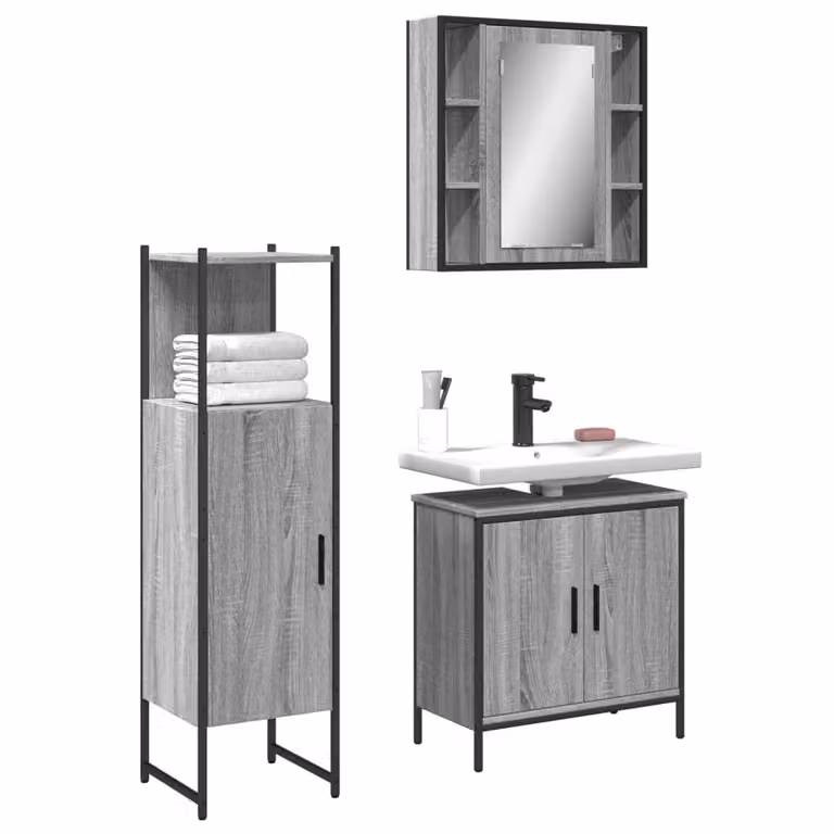 Set di mobili da bagno vidaXL 3 pezzi Grigio con armadietto specchio, mobile lavabo e colonna alta