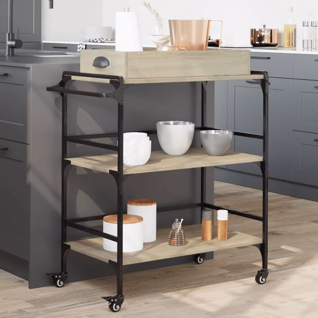 Carrello da cucina vidaXL in legno Rovere Sonoma e metallo, stile industriale, L 81,5 cm x P 41 cm x H 92,5 cm