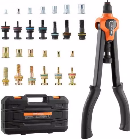 VEVOR Kit Rivettatrice per Inserti Filettati a Due Mani da 430 mm, Arancione e Nero, con 13 Mandrini, 130 Dadi e Custodia in Plastica per Montaggi Metallici, Mobili e Riparazioni DIY