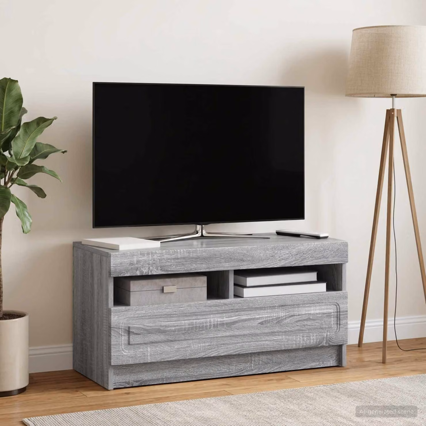 Mobile TV LED vidaXL in legno ingegnerizzato color grigio e sonoma con illuminazione integrata e scomparti multimediali