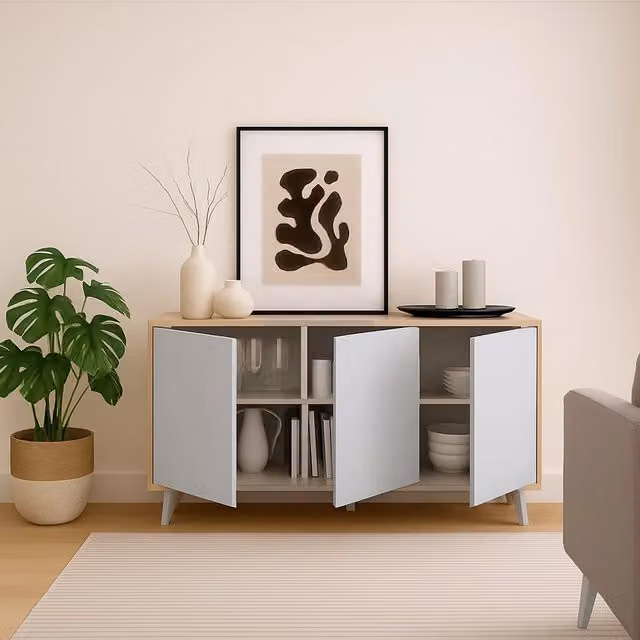 Credenza Annina DMORA, Buffet e Madia da Soggiorno o Cucina, Rovere e Bianco, L: 154 cm, P: 39,6 cm, H: 72 cm – 1