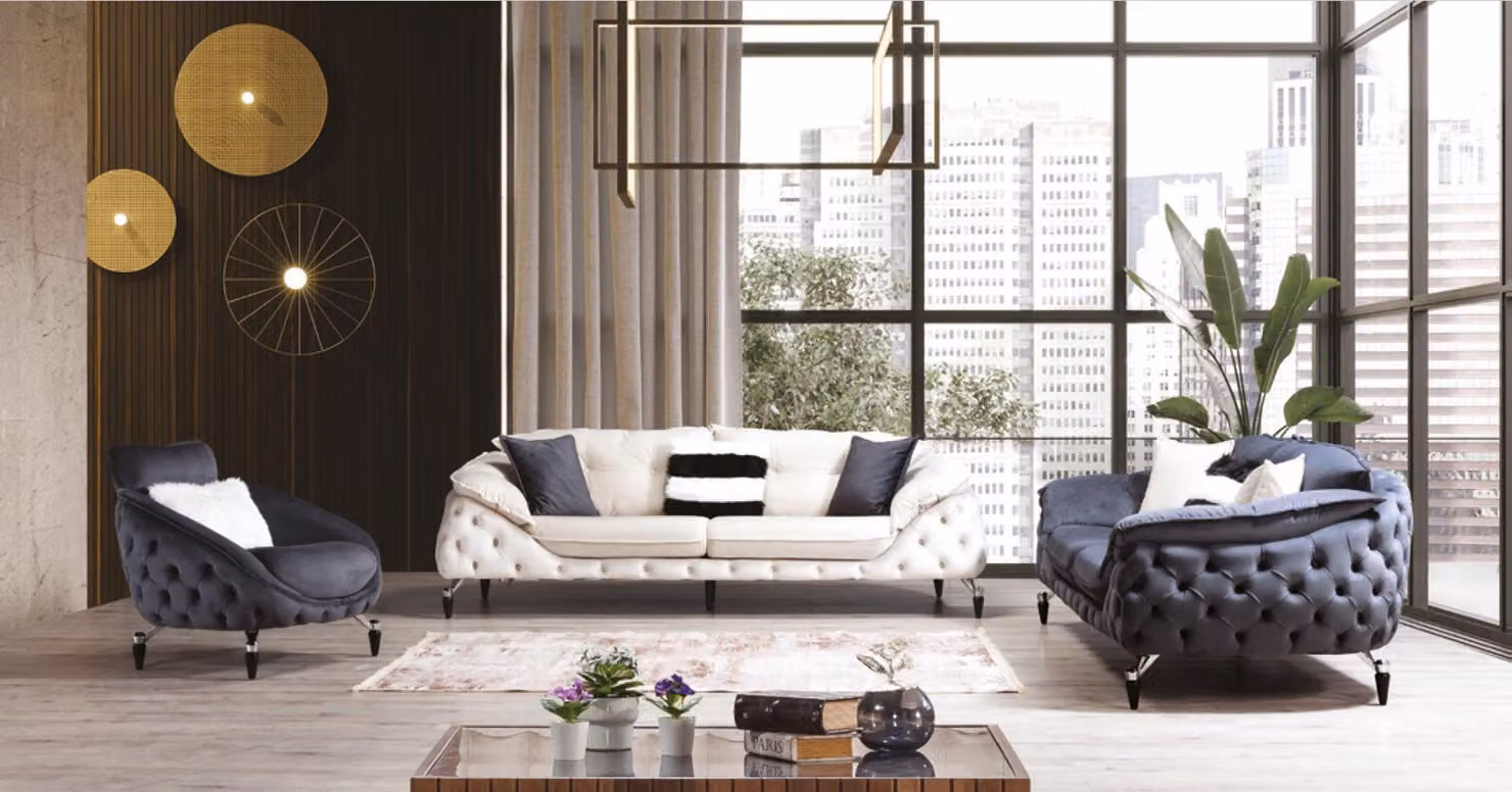 Couch Chesterfield mit Holz Textil Sofagarnitur 331 Sitz Set Polster Möbel Stoff