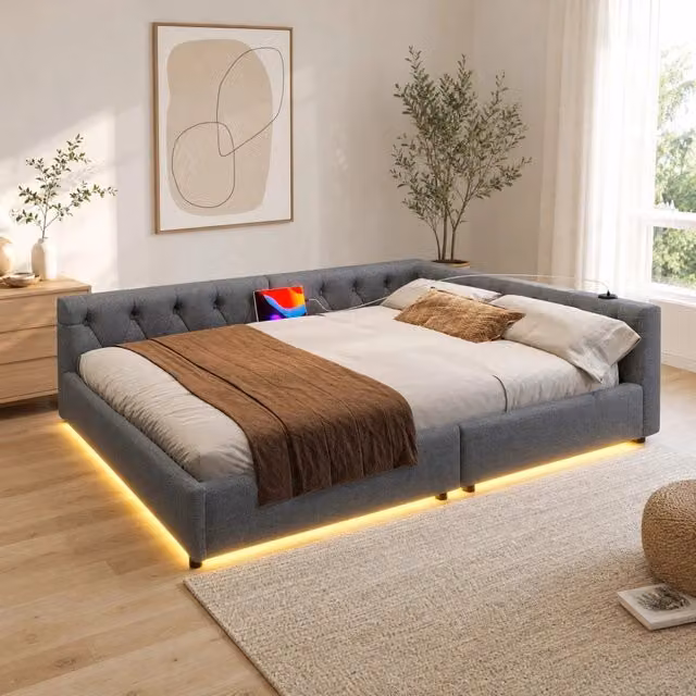 Divano letto Mivray moderno in tessuto grigio con porte USB e Type-C e illuminazione LED sottostante L/P/H: 153 x 140 x 213 cm