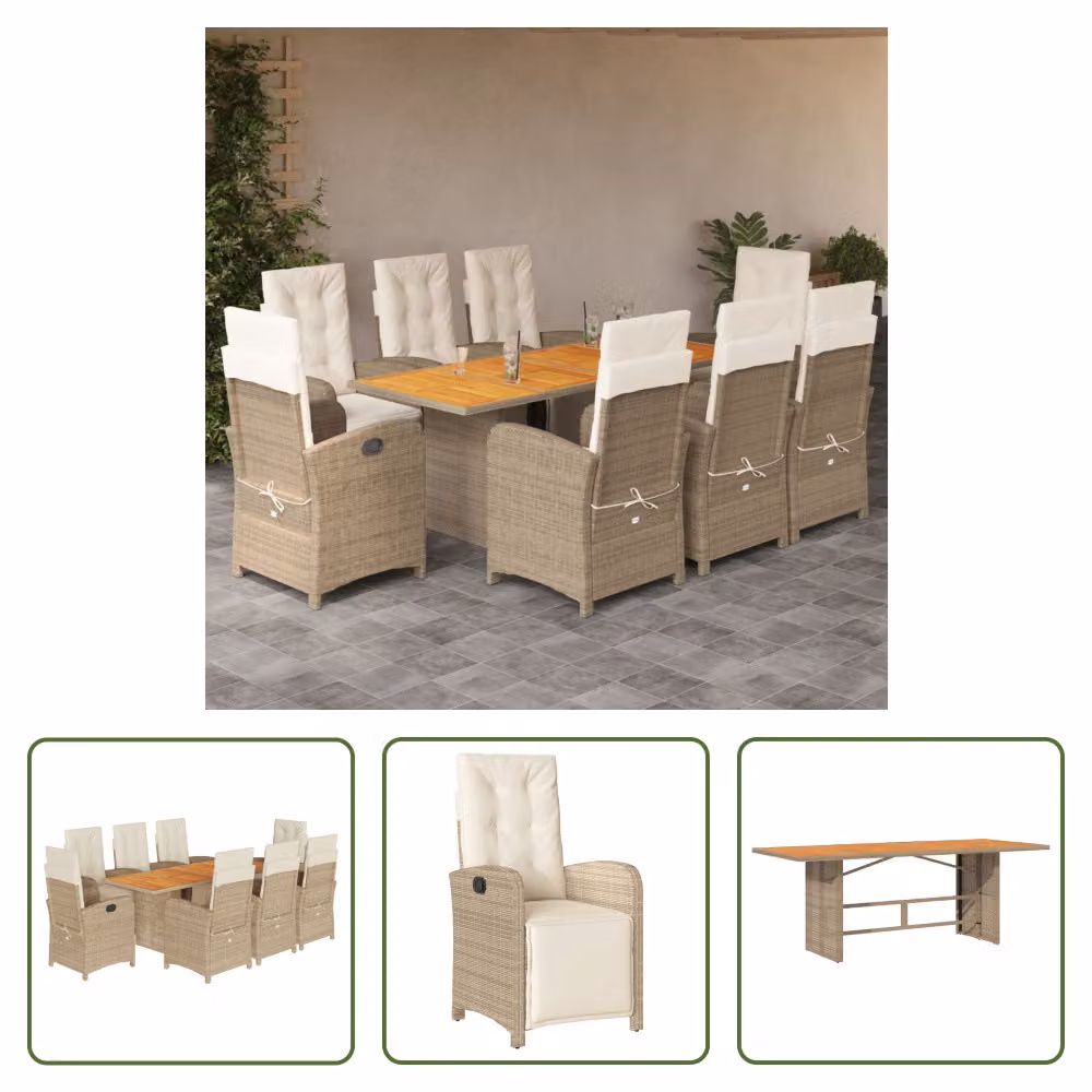 The Living Store Set da pranzo da giardino 9 pezzi con cuscini Beige poly rattan