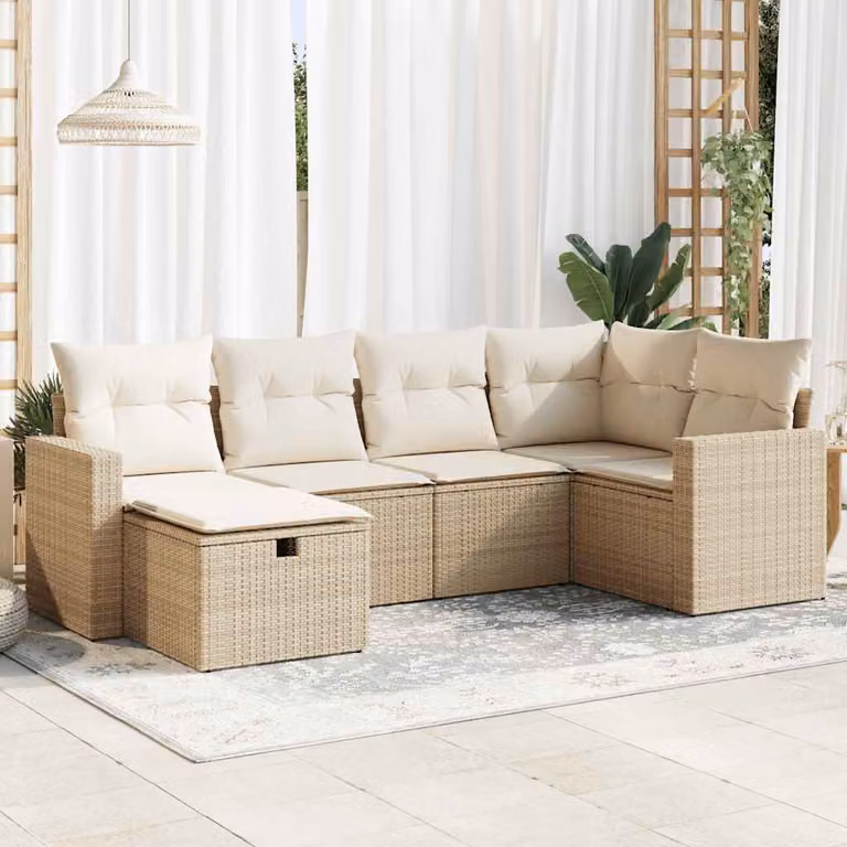 Set Divano da Giardino L-Shape vidaXL in Polyrattan con Cuscini Beige e Struttura in Acciaio, 6 Pezzi