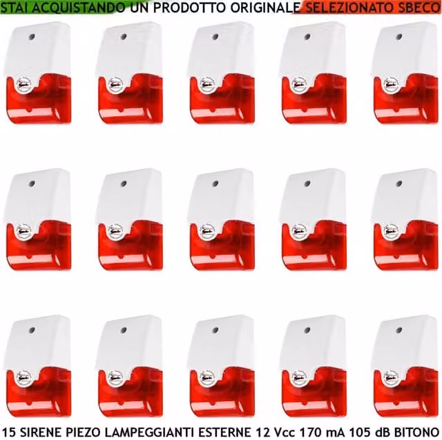 Set di 15 Sirene Securvera con Trasduttore Piezoelettrico Lampeggiante, Allarme Bitono 1500/4000 Hz, 105 dB, Alimentazione 12 Vcc, Colore Bianco, Contenitore in Plastica ABS IP44