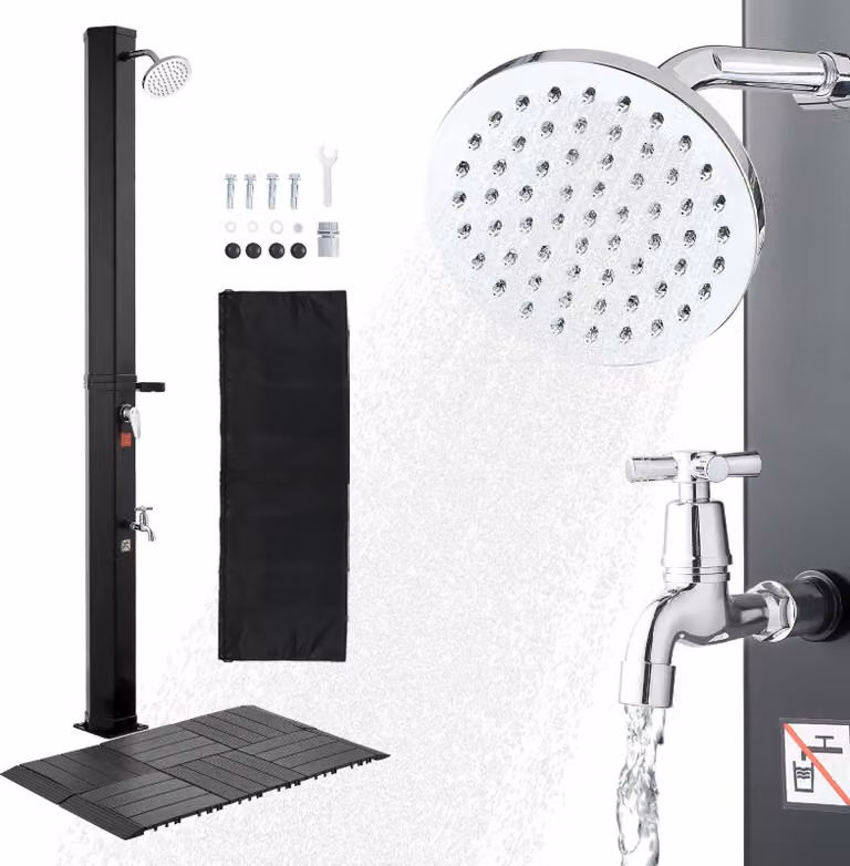 Doccia solare - Doccia da giardino/doccia esterna - Serbatoio da 35 L - Altezza 216 cm - Miscelatore acqua calda/fredda - Con piastra di base - Doccia per i piedi - Nero