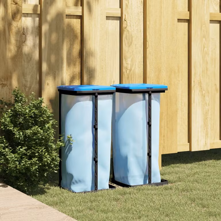 Set di 2 porta sacchi per spazzatura vidaXL con coperchio a ribalta in plastica, Nero e Blu, Capacità: 60 l, L/P/H: 28 x 28 x 65 cm