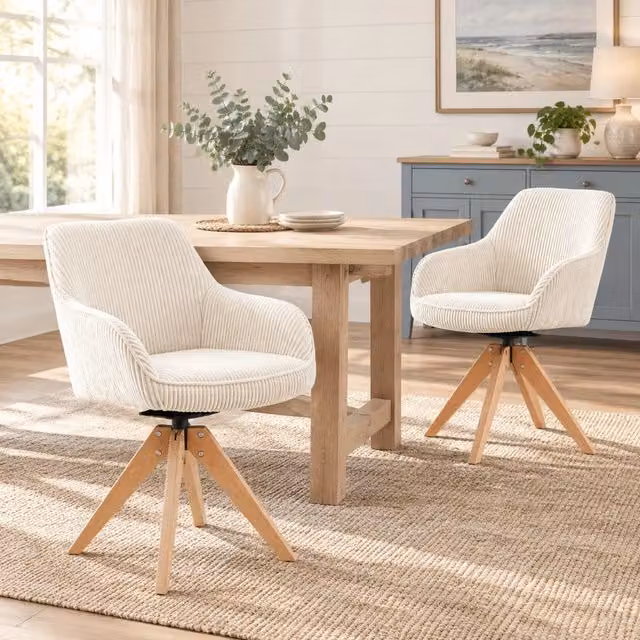 Set 2 sedie da pranzo girevoli ULEVR 360¡ã con braccioli, velluto bianco crema e gambe in legno massello