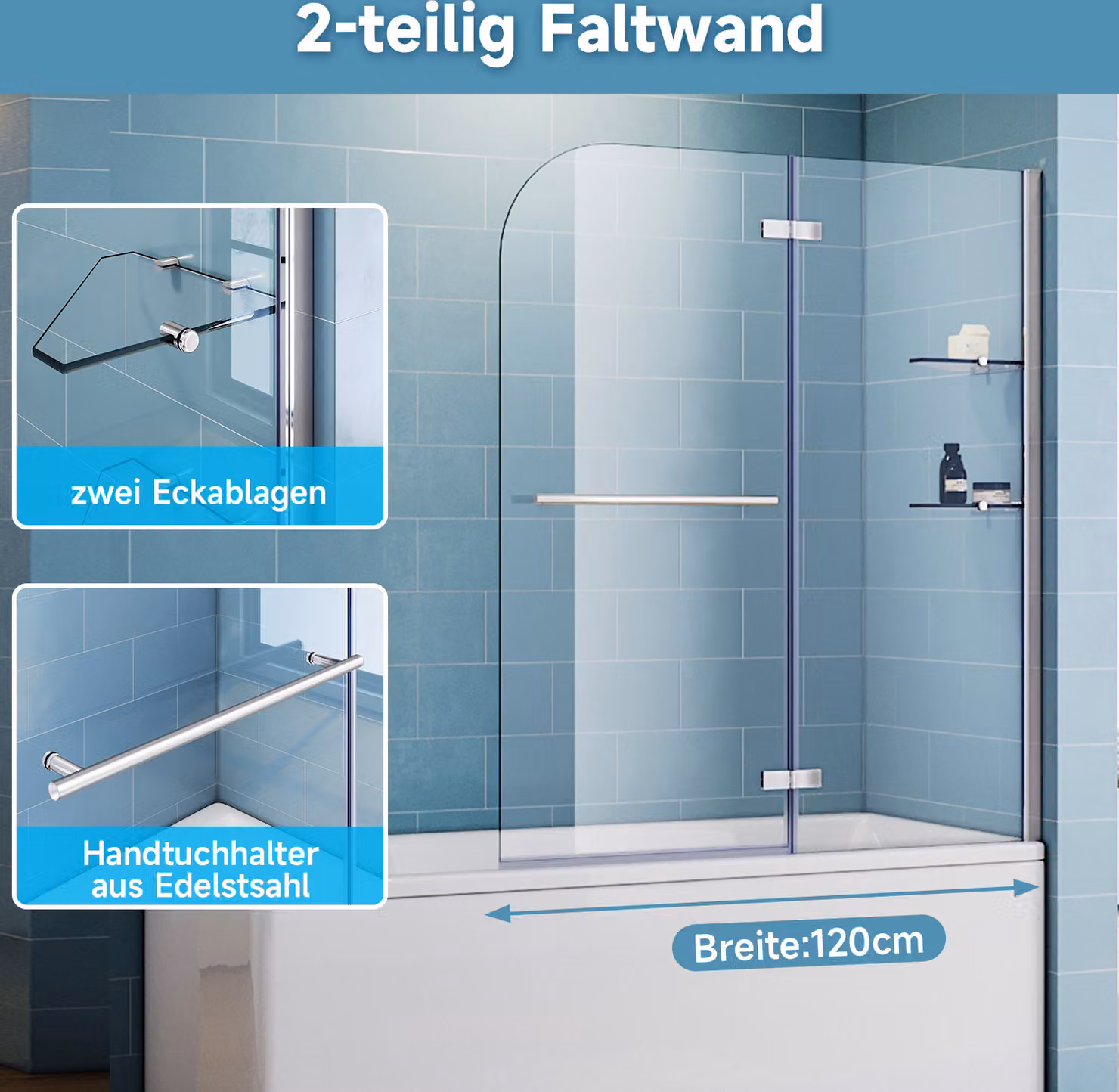 SONNI accessorio per vasca da bagno 2 pezzi schermo pieghevole in vetro schermo girevole per vasca da bagno nano vetro 120 cm schermo per doccia con ripiano