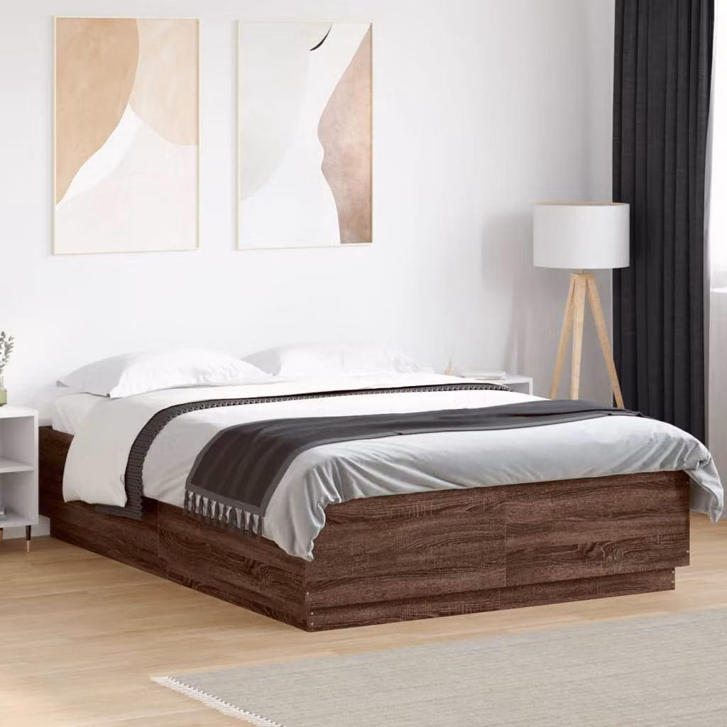 Letto con giroletto e luci LED vidaXL in legno rovere marrone 150x200 cm con porte di ricarica USB