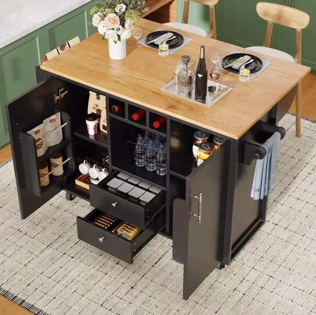 Isola cucina con carrello bianco/nero 138x73x92 cm con ripiani regolabili, tavolo pieghevole, porta asciugamani e portabottiglie