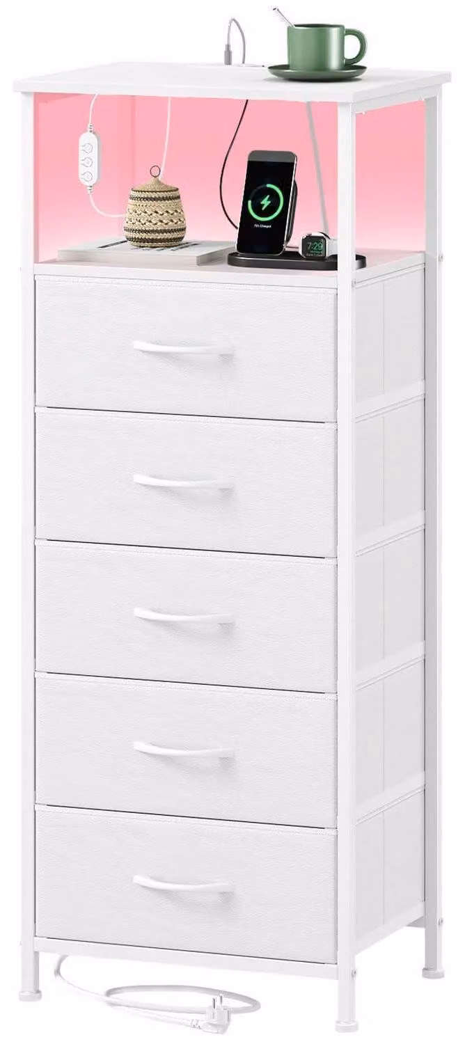 Comodino con cassetti e funzione di ricarica, dotato di LED, presa di corrente, porta USB-C e 5 cassetti rivestiti in tessuto. Colore: bianco. Dimensioni: 30x40x101 cm