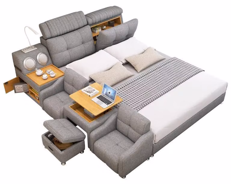 Letto multifunzionale, stile moderno, colore bianco, struttura in legno, morbido