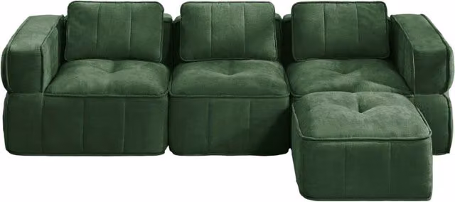 Divano modulare a 3 posti a forma di L verde in poliestere con pouf, schiuma ad alta densità, senza telaio