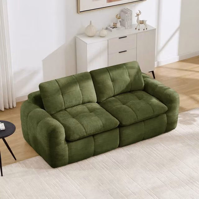 Divano modulare in ciniglia verde; seduta profonda 194x97x68 cm
