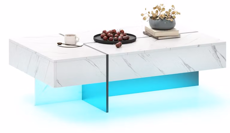 Tavolino COSTWAY con illuminazione a LED, tavolino da salotto lucido con 3 cassetti, tavolino rettangolare con telecomando incluso, 120x70x35 cm, bianco