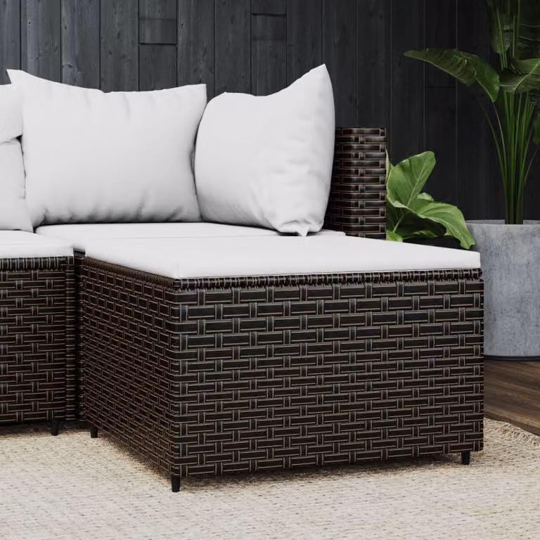vidaXL Poggiapiedi da Giardino in Polyrattan Marrone con Cuscini Bianchi