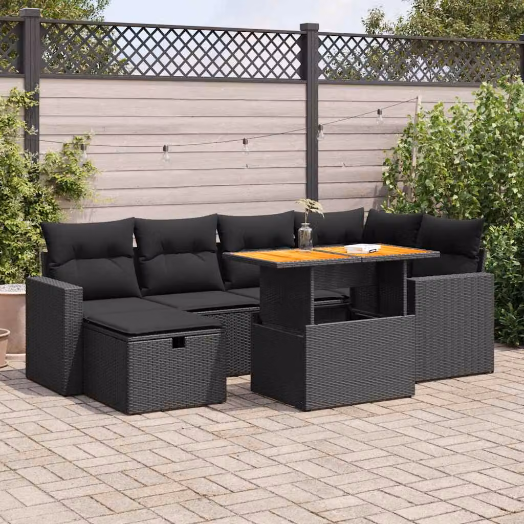 Set Divani da Giardino vidaXL in Polyrattan e Legno di Acacia con Cuscini, Tavolino e Ottoman, 8 Pezzi, Moderno, Nero e Beige