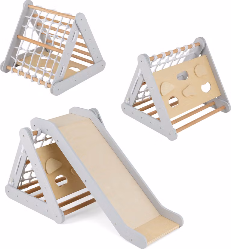 COSTWAY 4in1 triangolo di arrampicata indoor con scivolo e arrampicata, struttura di arrampicata in legno, triangolo di arrampicata, triangolo di arrampicata giocattolo per bambini 1+grigio