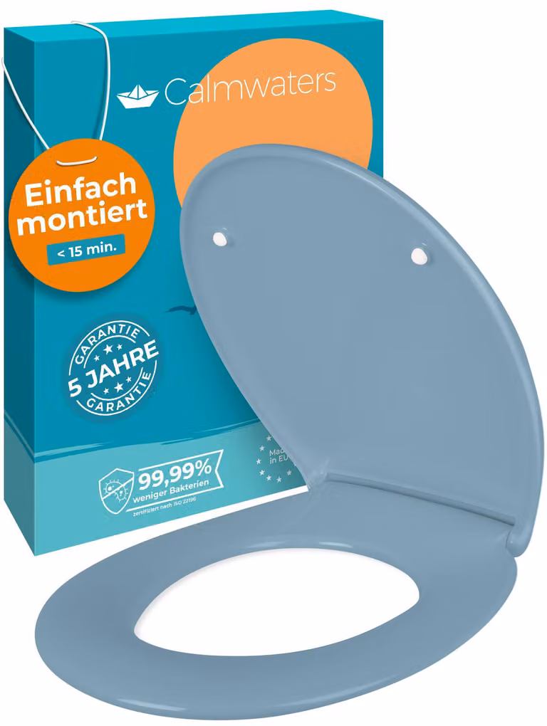 Sedile per WC Calmwaters® Premium di facile installazione, coperchio per WC fino a 250 kg, EU, duroplastica antibatterica, meccanismo di chiusura morbida, 2 opzioni di montaggio, rimovibile, sedile per WC, ovale, blu Bermuda