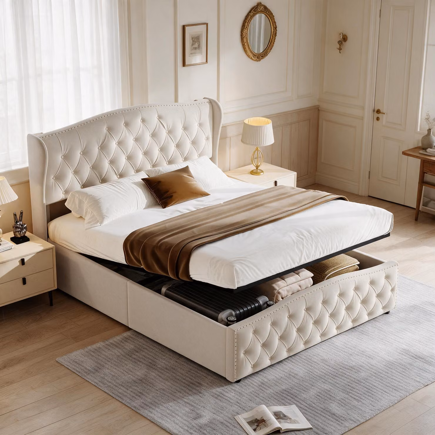 Letto imbottito INONEFT, 140x200 cm, con spazio contenitore, letto per ragazzi con cassone contenitore a sistema idraulico, letti singoli con rete a doghe, rivestito in velluto, senza materasso, color beige