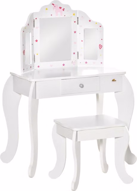 Set da toeletta per bambini HOMCOM con sgabello in legno, tavolo trucco con triplo specchio e cassetto, Bianco, L: 63 cm, P: 40 cm, H: 85.5 cm