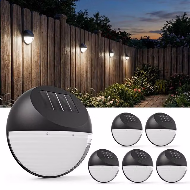 Set di 6 lampade da muro solari LED Monzana® nere per scale e giardino con sensore crepuscolare e design moderno in plastica, Ø 11 cm