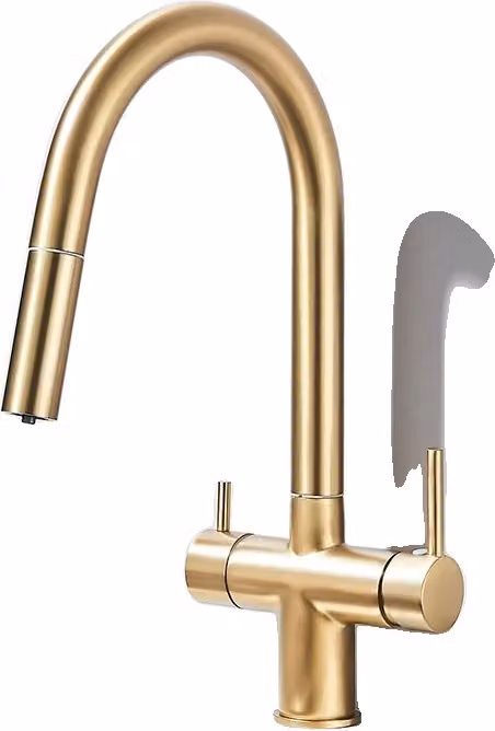 Rubinetto da cucina, doppia maniglia, bocca estraibile, oro spazzolato