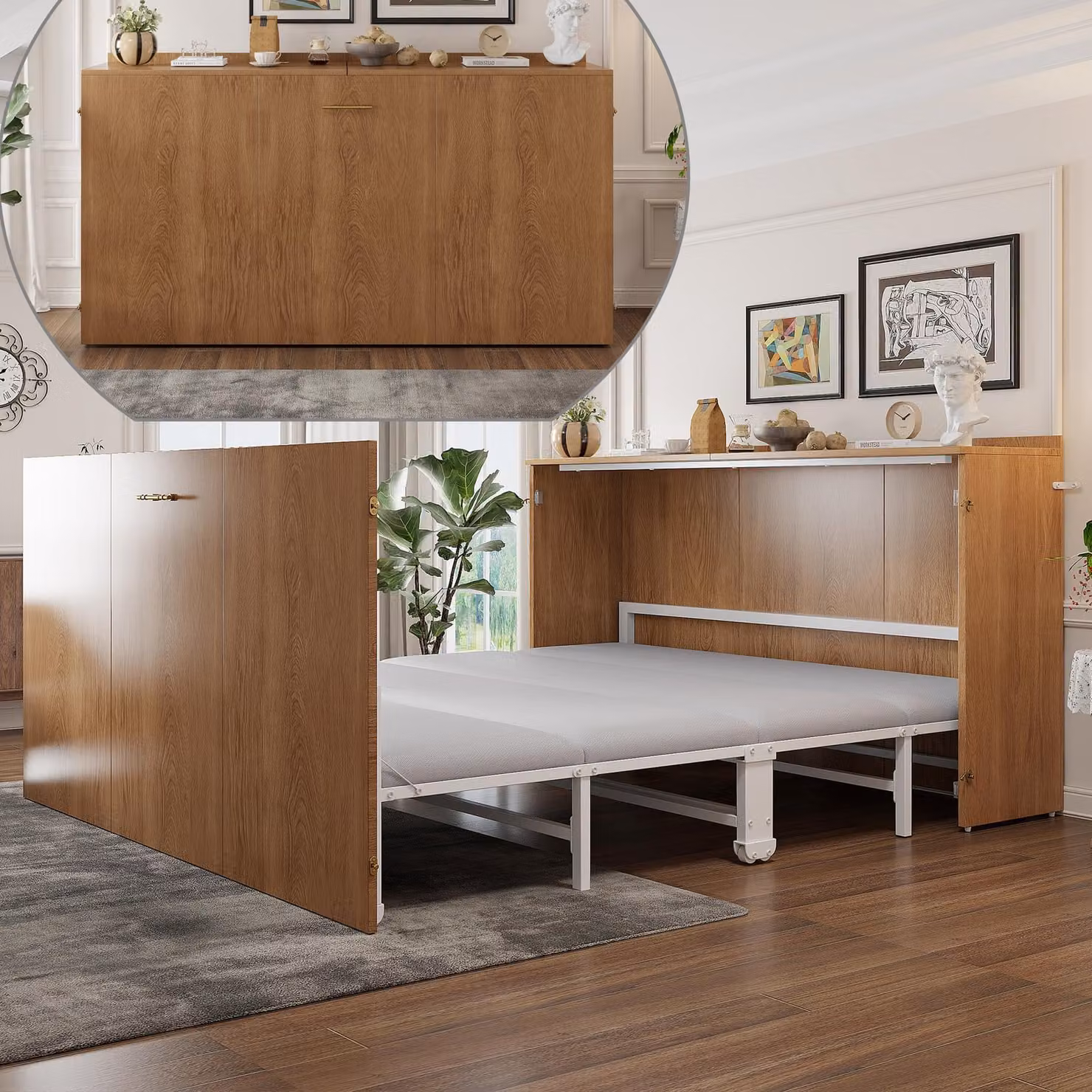 Letto a scomparsa Flieks 140x200 cm con materasso in lino, letto ribaltabile con struttura in metallo e rotelle, letto Murphy per ragazzi o ospiti, estraibile, finitura naturale
