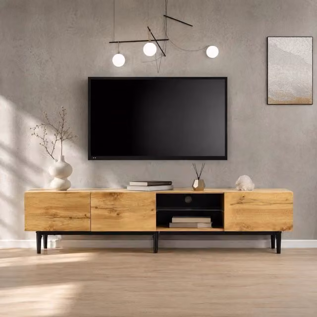Mobile TV ULEVR 175x31x41 cm con 3 vani contenitori, illuminazione LED regolabile via app, rovere chiaro e nero