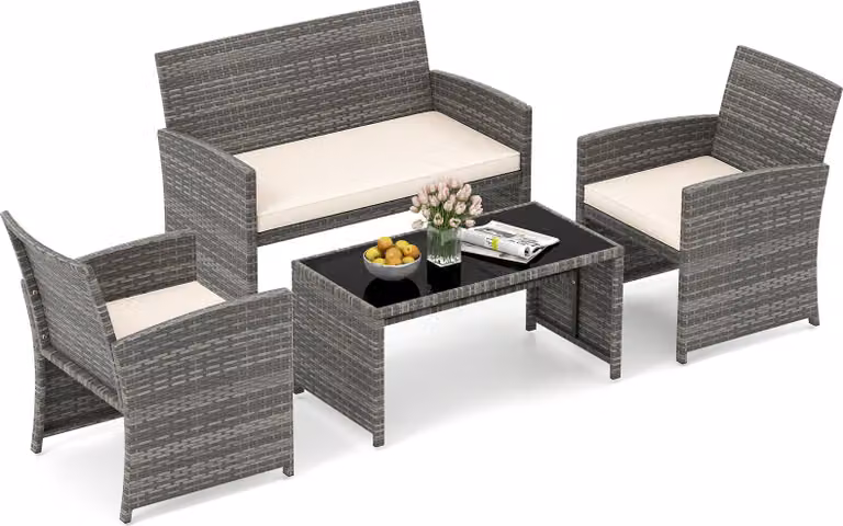 Set di mobili da giardino in polyrattan COSTWAY, mobili da esterno, set composto da 2 sedie, panca, tavolo e cuscini, mobili da terrazza, set da giardino beige