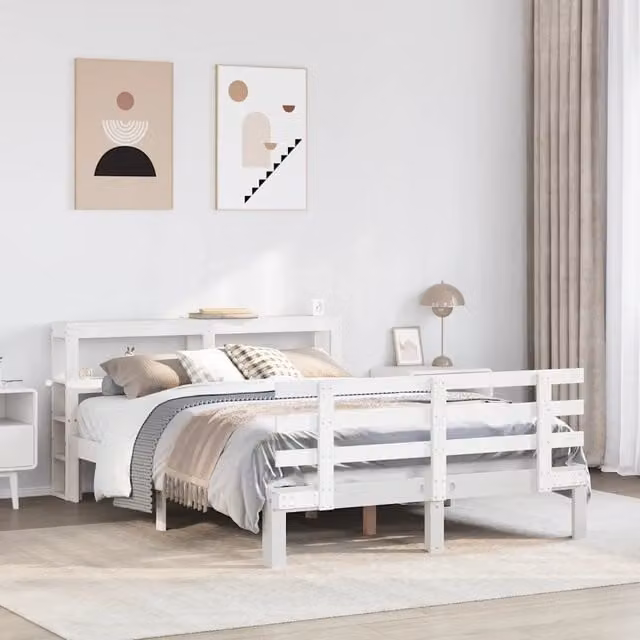 Giroletto con Testiera Bianco 150x200 cm Legno Massello di Pino 3306115