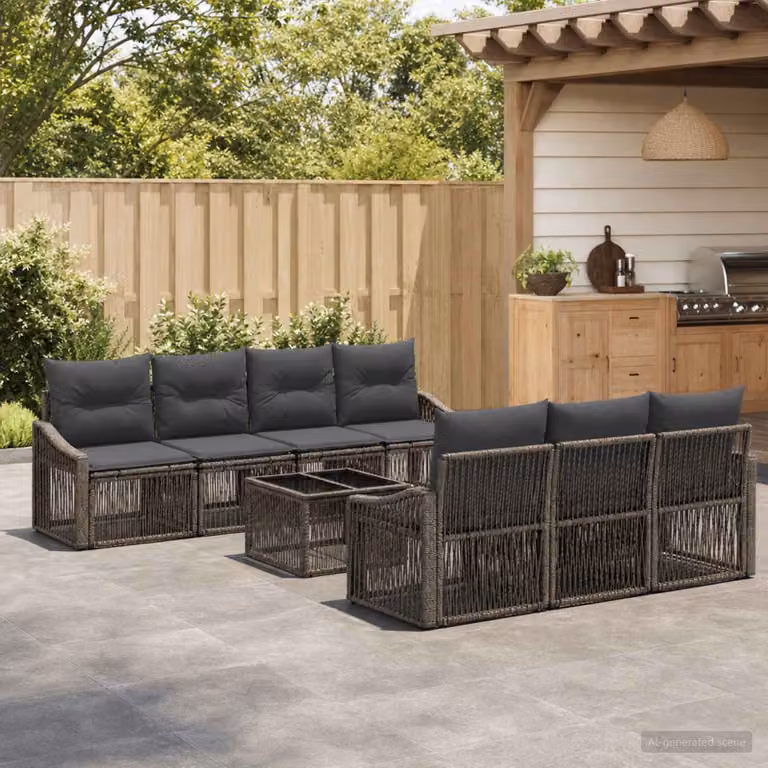 Set Divano da Giardino Moderno vidaXL in Polyrattan Grigio con Tavolino e Cuscini Imbottiti 8 Pezzi