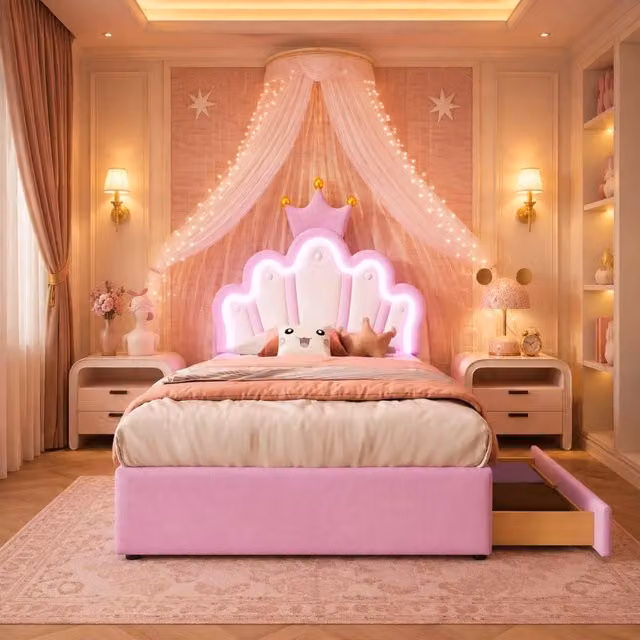 Letto imbottito 90x200 cm rosa in PU con 2 cassetti, luci LED, senza materasso
