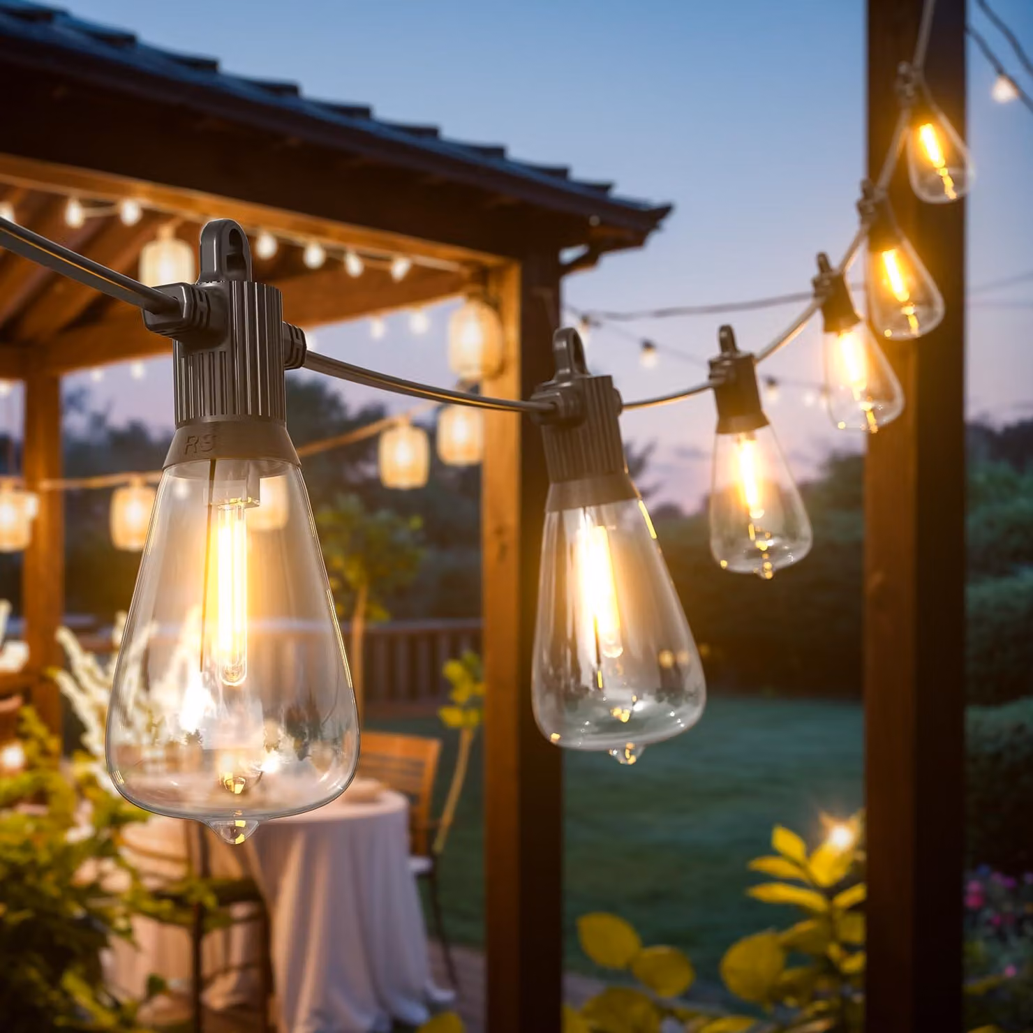Catena luminosa a LED, lunghezza 30,5 metri, grado di protezione IP65, 52 lampadine, luce bianco caldo, per uso esterno