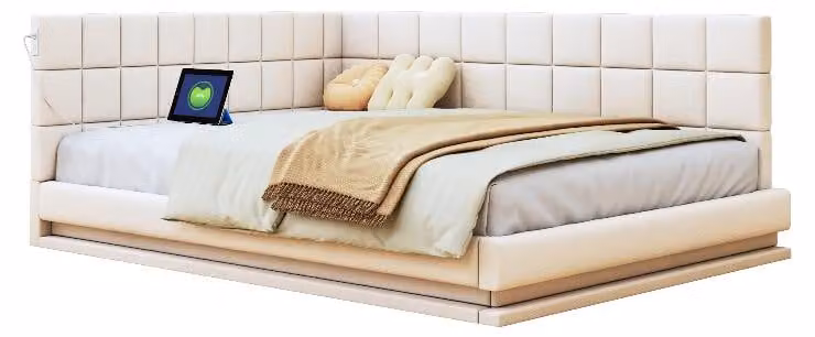 Letto imbottito 160x200 cm, color beige, rivestito in lino, con striscia LED e porta USB, ideale per la camera da letto