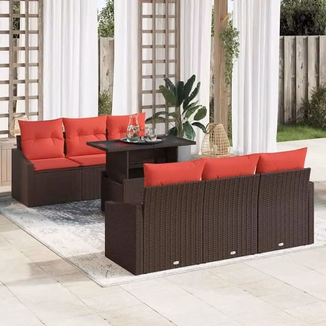 Set Divano da Giardino 7 pz 6-Numero di posti Marrone e Rosso 3348930