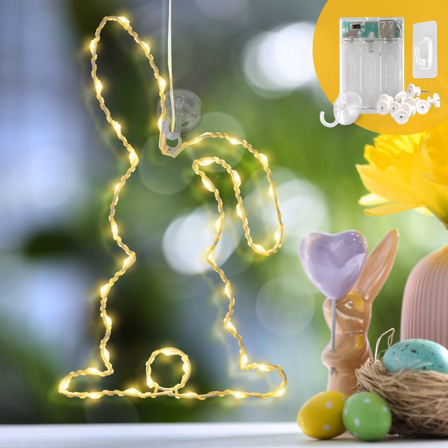 Catena luminosa a LED con 40 coniglietti di Pasqua, luce bianco caldo, timer e alimentazione a batteria