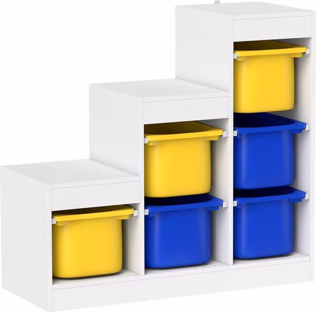 AIYAPLAY Mobile Portagiochi per Bambini con 6 Contenitori e 3 Livelli, L: 96 cm, P: 38,5 cm, H: 90 cm, Giallo, Blu e Bianco
