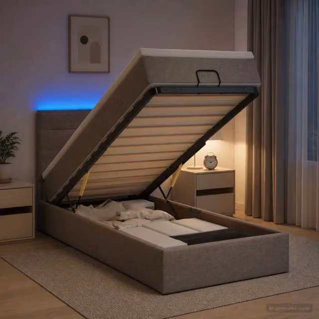 Letto Ottomano con Materasso e LED Tortora 90 x 200 cm Tessuto 3456798