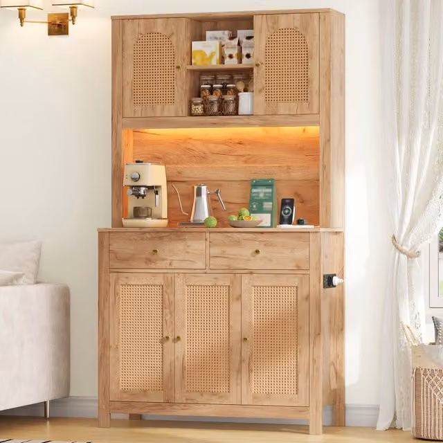 Mobile colonna da cucina con 5 ante in rattan 2 cassetti LED RGB prese e USB in MDF naturale 100 × 40 × 180 cm