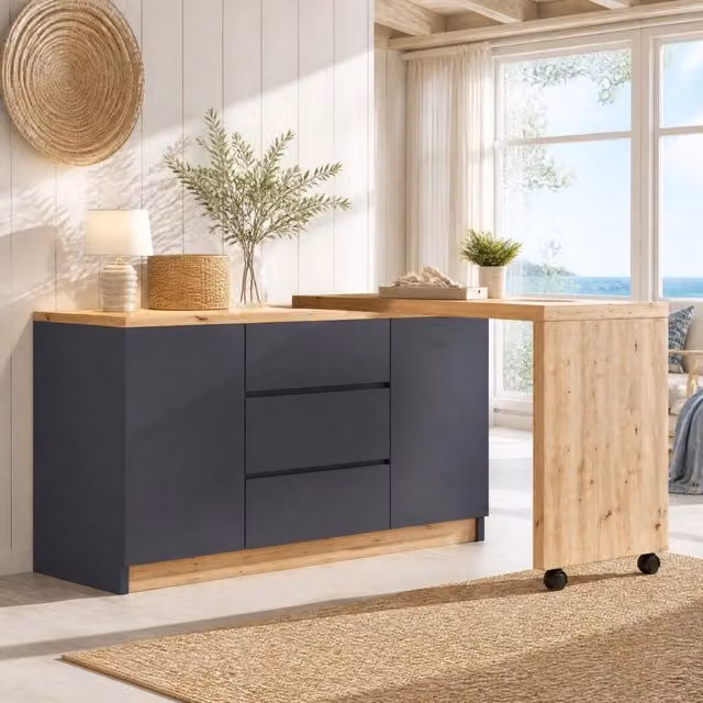 Scrivania pieghevole girevole 360° con 2 ante e 3 cassetti; 120 x 50 x 76;5 cm; grigio/rovere